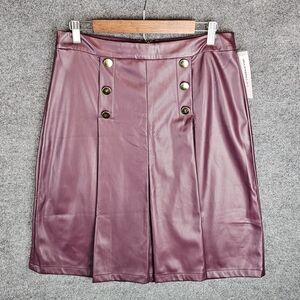 NWT Liz Claiborne Wine Faux Leather Pleated A-Line Skirt, Gold Buttons, Size 8